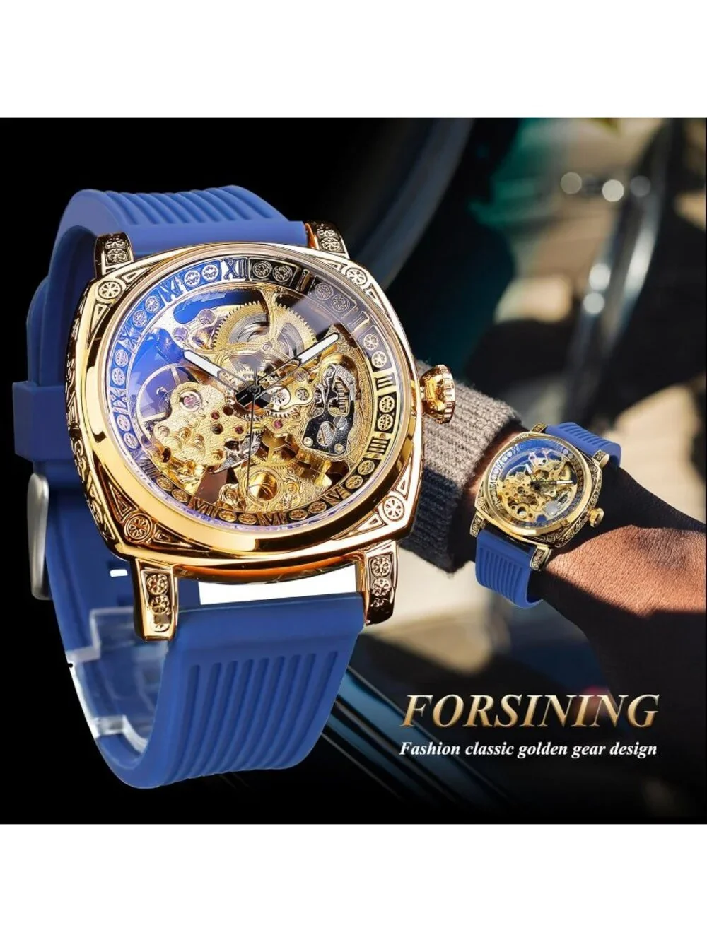Men's Blue Gold Square Mechanical Rubber Strap Self-Wind Carved Automatic Watch
